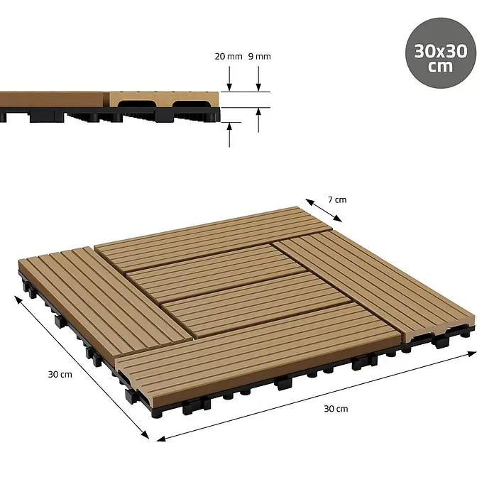 ECD Germany Terrassenfliese Bodenbelag 4m²/44 Stück Teak rutschfest Balkonfliesen - 30 cm x 30 cm x 20 mm, Teak - Braune WPC-Klickfliese, 30x30 cm. Gesamthöhe 20mm, Dielen 9mm dick, 7cm lang.