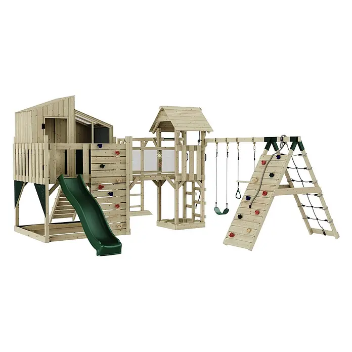 OutdoorToys Kinderspielturm Polarplay Gustav - L x B x H: 562 x 503 x 291 cm, Grün - Spielplatz aus hellem Holz mit grüner Rutsche, Kletterwand, Schaukeln und Kletternetz für draußen.