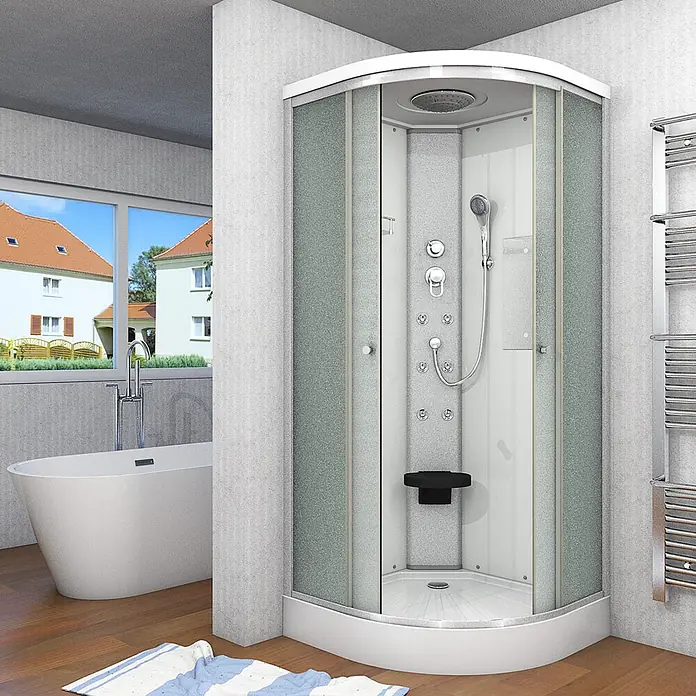 AcquaVapore Komplettdusche Fertigdusche D10-00M0 - 80 x 80 x 215 cm, Weiß - Eck-Duschkabine mit mattierten Glastüren, Chromarmaturen und schwarzem Sitz in modernem Badezimmer mit Badewanne.