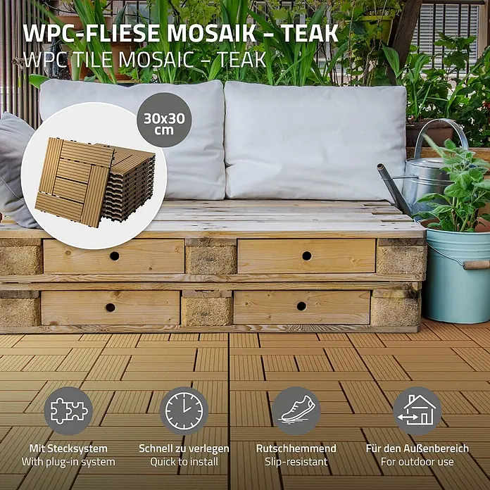 ECD Germany Terrassenfliese Bodenbelag 4m²/44 Stück Teak rutschfest Balkonfliesen - 30 cm x 30 cm x 20 mm, Teak - Teakfarbene WPC-Mosaikfliesen mit Stecksystem als Bodenbelag im Außenbereich verlegt, ein Stapel Fliesen liegt daneben.