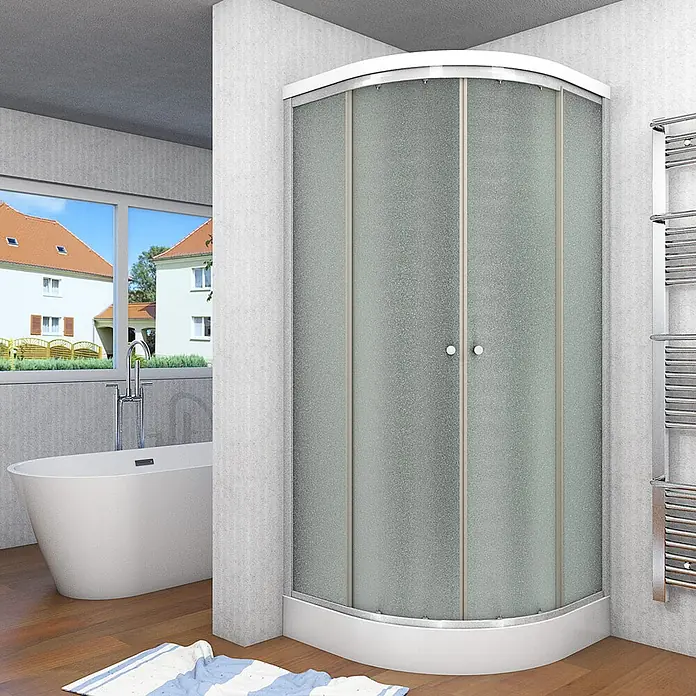 AcquaVapore Komplettdusche Fertigdusche D10-00M0 - 80 x 80 x 215 cm, Weiß - Eckduschkabine mit mattierten Glastüren und weißem Sockel, nahtlos in ein modernes Badezimmer integriert.