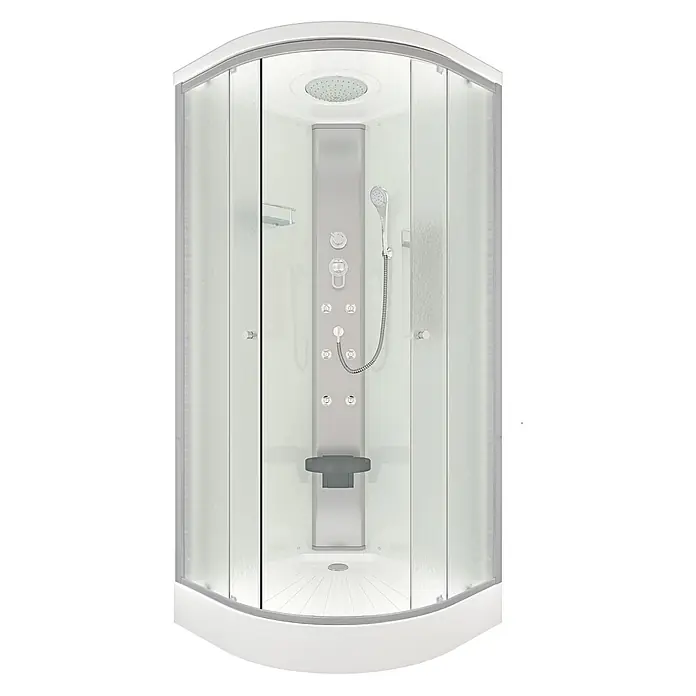 AcquaVapore Komplettdusche Fertigdusche D10-00M0 - 80 x 80 x 215 cm, Weiß - Weiße Eckduschkabine mit mattierten Glastüren, grauem Zentralpanel mit Regendusche, Handbrause und Massagedüsen sowie integriertem Sitz.