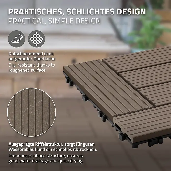 ECD Germany Terrassenfliese Bodenbelag 4m²/44 Stück Dunkelbraun rutschfest Balkonfliesen - 30 cm x 30 cm x 20 mm, Dunkelbraun - Braune, geriffelte WPC-Terrassenfliesen mit rutschfester Oberfläche für einfache Bodenverlegung im Außenbereich.