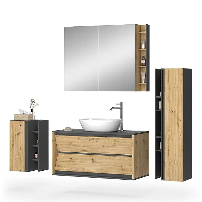Vicco Badmöbel-Set Edelin Anthrazit/Artisan 4 Teile - Gesamtbreite Badmöbel: 135 cm, Anthrazit, Matt - Modernes Badmöbelset aus hellem Holz und Dunkelgrau: Waschtisch mit Aufsatzbecken, Spiegelschrank, einem Hochschrank und einem Seitenregal.