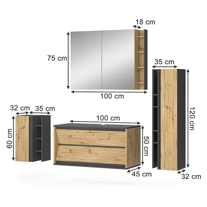 Vicco Badmöbel-Set Edelin Anthrazit/Artisan 4 Teile - Gesamtbreite Badmöbel: 135 cm, Anthrazit, Matt - Badezimmermöbel-Set in Dunkelgrau und hellem Holz, bestehend aus Spiegelschrank, Waschtischunterschrank und zwei Beistellschränken.