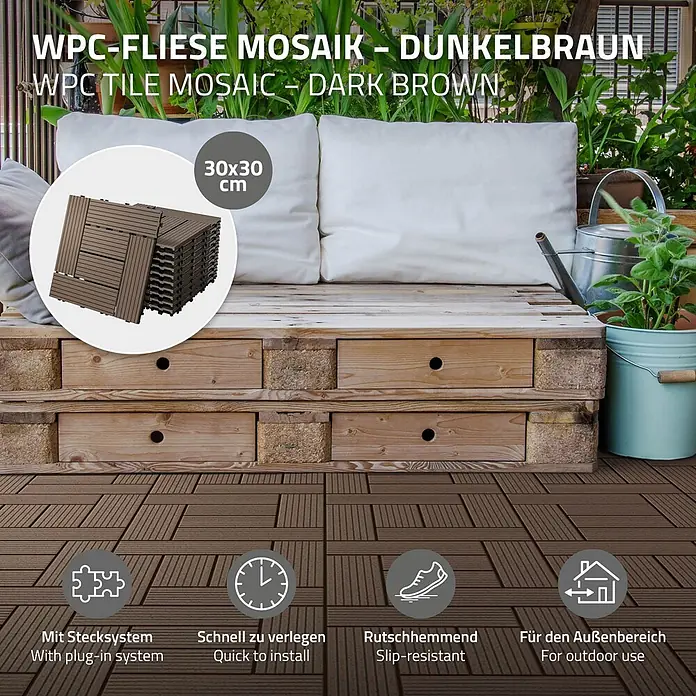 ECD Germany Terrassenfliese Bodenbelag 4m²/44 Stück Dunkelbraun rutschfest Balkonfliesen - 30 cm x 30 cm x 20 mm, Dunkelbraun - Dunkelbraune 30x30 cm WPC Mosaikfliesen mit Stecksystem, ideal für den Außenbereich.