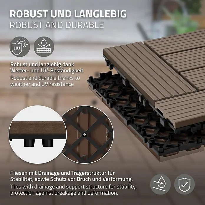 ECD Germany Terrassenfliese Bodenbelag 4m²/44 Stück Dunkelbraun rutschfest Balkonfliesen - 30 cm x 30 cm x 20 mm, Dunkelbraun - Braune WPC-Terrassenfliesen mit schwarzer Drainage- und Trägerstruktur; robust und einfach zu verbinden.