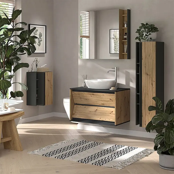 Vicco Badmöbel-Set Edelin Anthrazit/Artisan 4 Teile - Gesamtbreite Badmöbel: 135 cm, Anthrazit, Matt - Modernes Badmöbel-Set in Naturholz und Dunkelgrau mit Waschtisch, Spiegel und Schränken.