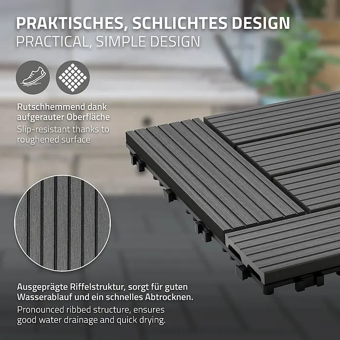 ECD Germany Terrassenfliese Bodenbelag 5m²/55 Stück Anthrazit rutschfest Balkonfliesen - 30 cm x 30 cm x 20 mm, Anthrazit - Dunkelgraue, ineinandergreifende WPC-Terrassenfliesen mit geriffelter, rutschfester Oberfläche für gute Entwässerung und schnelles Trocknen.