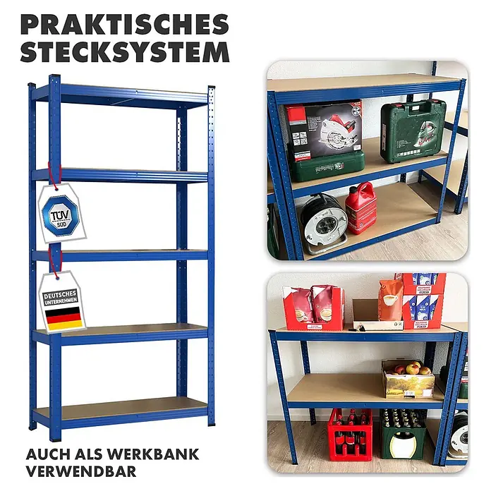 Floordirekt Schwerlastregal Titanrack - H x B x T: 180 x 90 x 60 cm, Traglast pro Boden: 175 kg, Anzahl Böden: 5 Stk., Stecken, Blau - Blaues Metallregal mit Holzregalböden, als hohes Lagerregal und niedrige Werkbank konfiguriert.