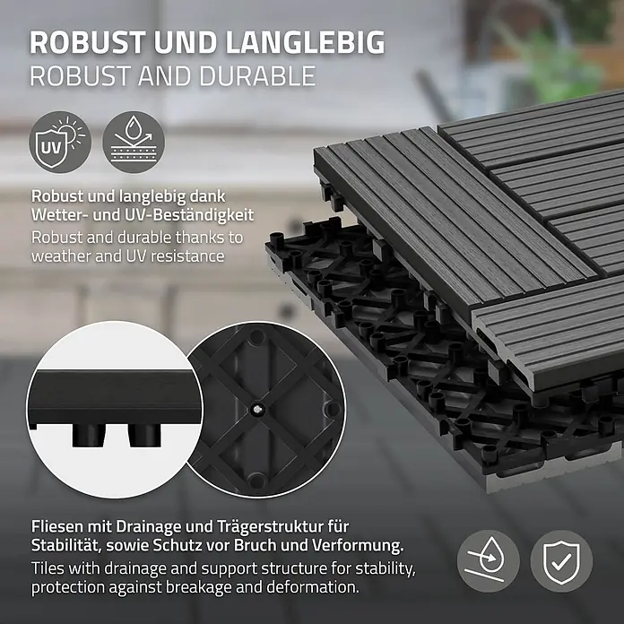 ECD Germany Terrassenfliese Bodenbelag 5m²/55 Stück Anthrazit rutschfest Balkonfliesen - 30 cm x 30 cm x 20 mm, Anthrazit - Dunkelgraue WPC-Terrassenfliesen mit Rillenoberfläche und integrierter Drainage-/Stützstruktur, wetter- und UV-beständig.