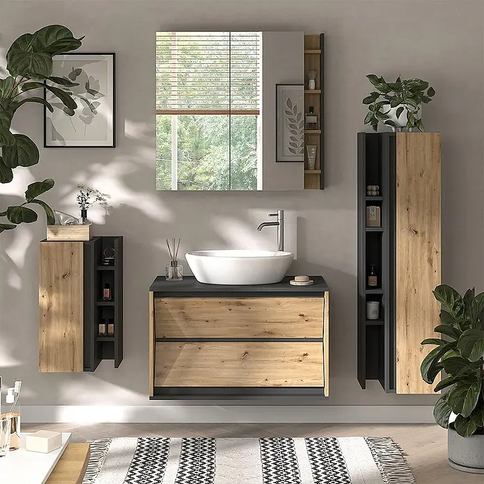 Vicco Badmöbel-Set Edelin Anthrazit/Artisan 4 Teile - Anthrazit, Matt - Moderne Badmöbel mit weißem Aufsatzwaschbecken, dunkelgrauer Platte, holzfarbenen Schubladen, passenden Wandschränken und Spiegel.