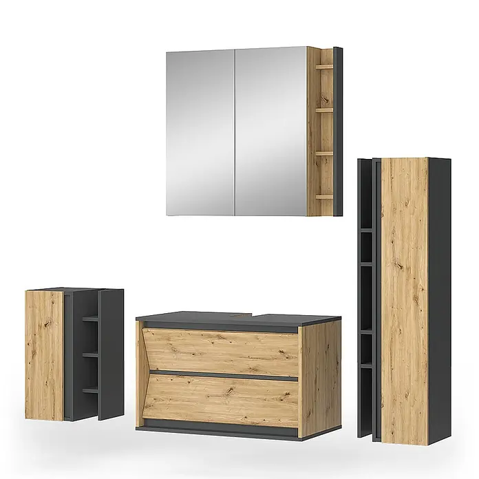 Vicco Badmöbel-Set Edelin Anthrazit/Artisan 4 Teile - Anthrazit, Matt - Badezimmermöbel-Set in Holzoptik und Dunkelgrau: Spiegelschrank, Waschtischunterschrank und zwei Seitenschränke.