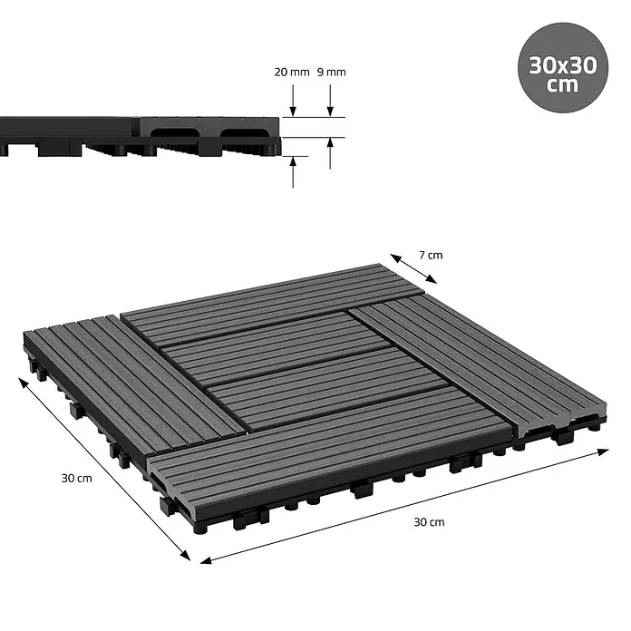 ECD Germany Terrassenfliese Bodenbelag 5m²/55 Stück Anthrazit rutschfest Balkonfliesen - 30 cm x 30 cm x 20 mm, Anthrazit - Dunkelgraue 30x30 cm Verbund-Terrassenfliese mit Lamellenoberfläche und 20 mm Gesamthöhe, ideal für Balkone und Terrassen.