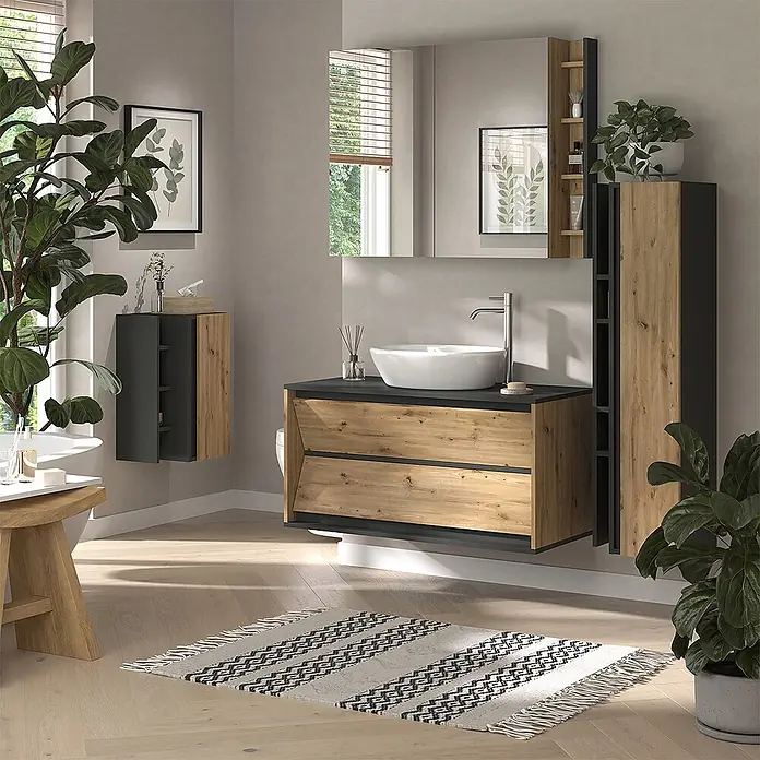 Vicco Badmöbel-Set Edelin Anthrazit/Artisan 4 Teile - Anthrazit, Matt - Moderne Badmöbel-Garnitur: anthrazit und rustikales Holz Waschtisch mit weißem Becken, passender Hochschrank und Wandschrank.