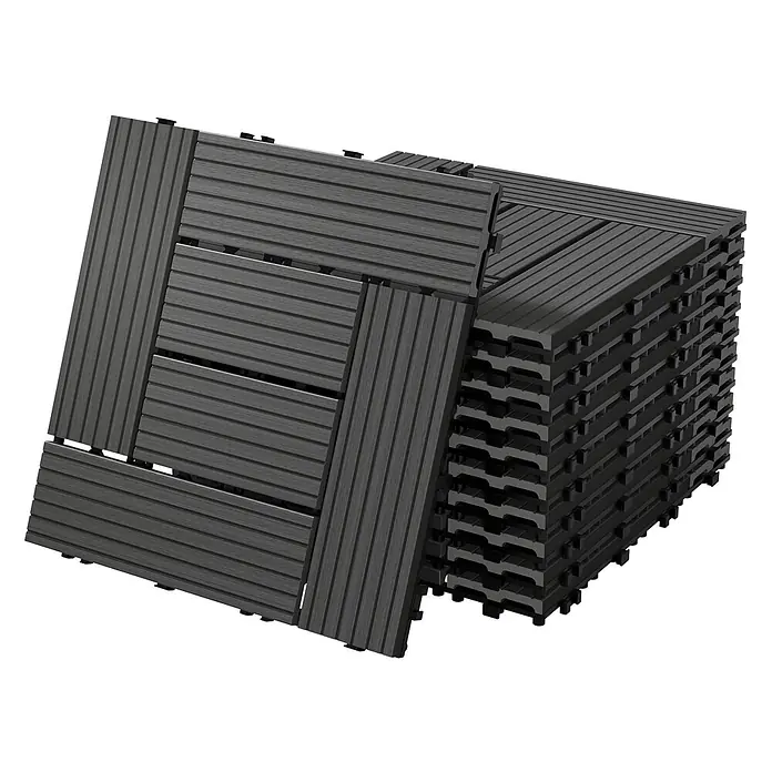 ECD Germany Terrassenfliese Bodenbelag 5m²/55 Stück Anthrazit rutschfest Balkonfliesen - 30 cm x 30 cm x 20 mm, Anthrazit - Dunkelgraue Verbundstoff-Terrassenfliesen zum Zusammenstecken, teils ausgelegt, teils gestapelt, bereit zur Verlegung.