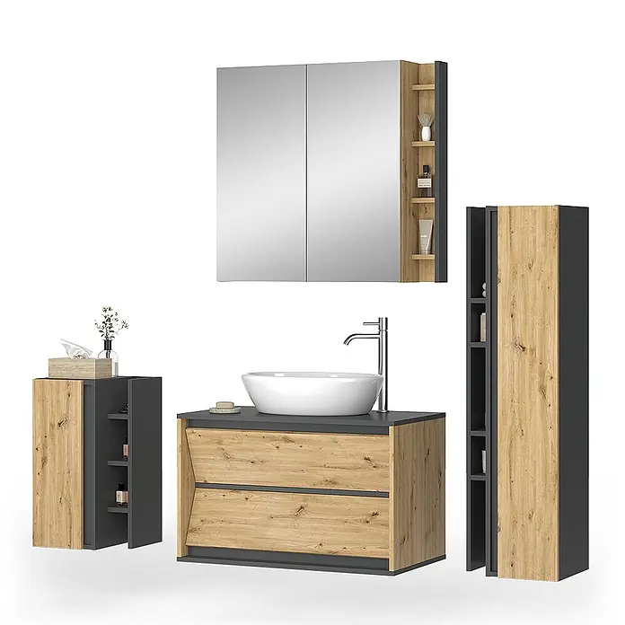 Vicco Badmöbel-Set Edelin Anthrazit/Artisan 4 Teile - Anthrazit, Matt - Modernes Badmöbelset in Naturholzoptik und Anthrazit, bestehend aus Waschtischunterschrank, Spiegel- und Hochschränken.