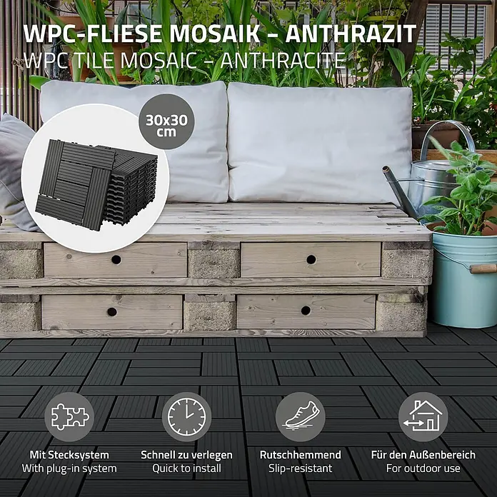ECD Germany Terrassenfliese Bodenbelag 5m²/55 Stück Anthrazit rutschfest Balkonfliesen - 30 cm x 30 cm x 20 mm, Anthrazit - Anthrazitfarbene WPC-Mosaikfliesen mit Stecksystem, auf einer Terrasse im Außenbereich verlegt.