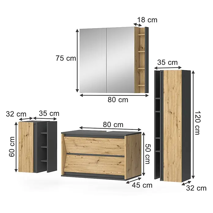 Vicco Badmöbel-Set Edelin Anthrazit/Artisan 4 Teile - Anthrazit, Matt - Badmöbelset in Holzoptik und Dunkelgrau, bestehend aus Spiegelschrank, Waschtischunterschrank, Wandschrank und Hochschrank mit offenen Regalen und Türen.