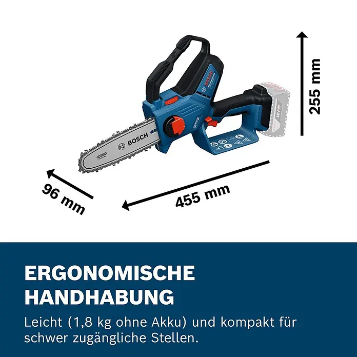 Bosch Professional AMPShare 18V Akku-Astsäge GKE 18V-20 - 18 V, Ohne Akku, Schwertlänge: 20 cm - Blau-schwarze Bosch Akku-Kettensäge mit Silberkette und Maßen.
