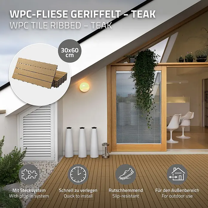 ECD Germany Terrassenfliese Bodenbelag 1m²/6 Stück Teak rutschfest Balkonfliesen - 60 cm x 30 cm x 20 mm, Teak - Geriffelte WPC-Fliesen in Teak-Optik, 30x60 cm, für den Außenbereich. Mit Stecksystem, rutschhemmend und schnell zu verlegen.