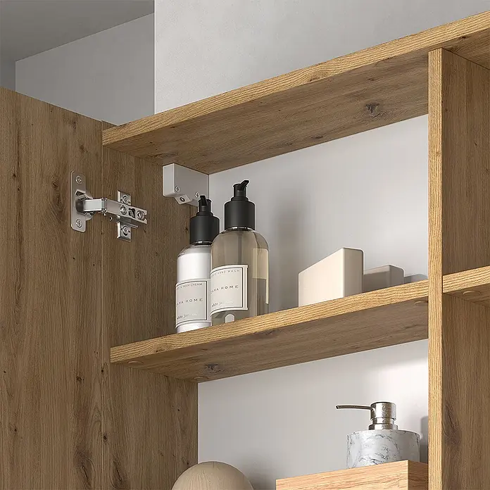 Vicco Badmöbel-Set Edelin Anthrazit/Artisan 2 Teile - Anthrazit, Matt - Inneres eines Holzschranks mit hellbraunen Regalen und Pflegeprodukten.