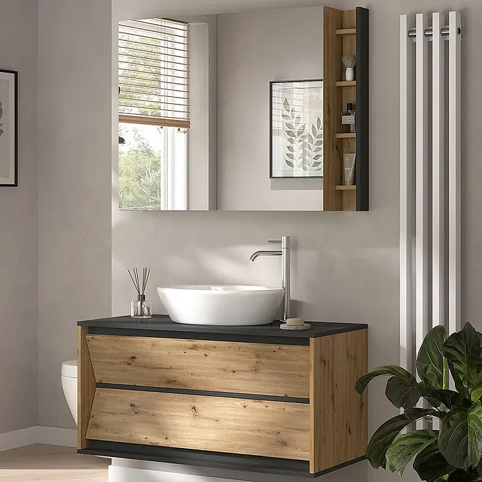 Vicco Badmöbel-Set Edelin Anthrazit/Artisan 2 Teile - Anthrazit, Matt - Modernes Badmöbel-Set mit Holzoptik-Schubladen, dunkler Platte, weißem Aufsatzwaschbecken und großem Spiegel mit integrierten Seitenablagen.