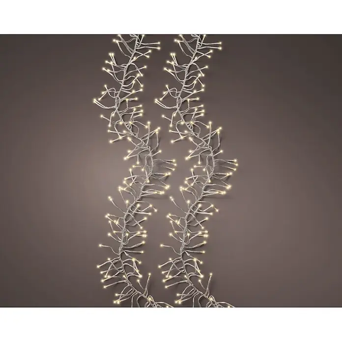 Lumineo LED-Clusterlichterkette Softgold - Außen, Länge: 11,28 cm, 1.128 Stk., Netzbetrieben - Zwei kaskadierende Stränge warmweißer LED-Lichter an weißen Kabeln.