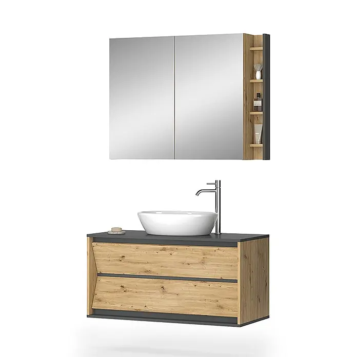 Vicco Badmöbel-Set Edelin Anthrazit/Artisan 2 Teile - Anthrazit, Matt - Modernes Badmöbel-Set: Holz-Look Waschtischunterschrank mit dunkler Platte, weißem Aufsatzwaschbecken, Chromarmatur und passendem Spiegelschrank mit Regalen.