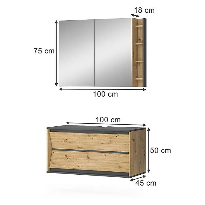 Vicco Badmöbel-Set Edelin Anthrazit/Artisan 2 Teile - Anthrazit, Matt - Modernes Badezimmerset: Spiegelschrank mit offenen Regalen und Waschtischunterschrank mit zwei Schubladen, Holzoptik/Dunkelgrau.
