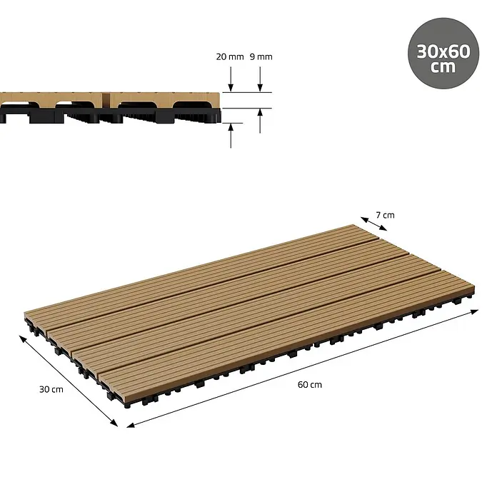 ECD Germany Terrassenfliese Bodenbelag 1m²/6 Stück Teak rutschfest Balkonfliesen - 60 cm x 30 cm x 20 mm, Teak - Rechteckige 30x60 cm Holzoptik-Terrassenfliese mit schwarzer Kunststoffbasis, 20mm Gesamthöhe.