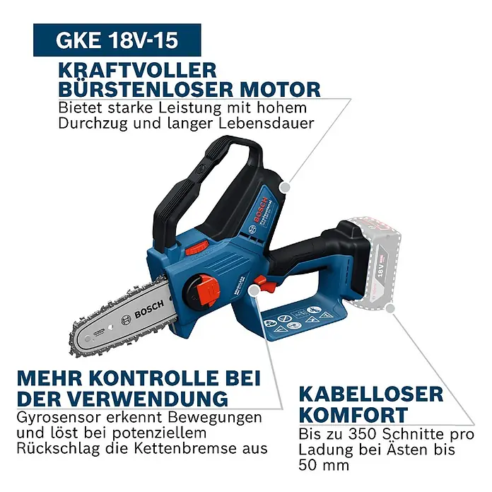 Bosch Professional AMPShare 18V Akku-Astsäge GKE 18V-15 - 18 V, Ohne Akku, Schwertlänge: 15 cm - Blau-schwarze Bosch GKE 18V-15 Akku-Kettensäge mit 18V Akku und robuster Sägekette.