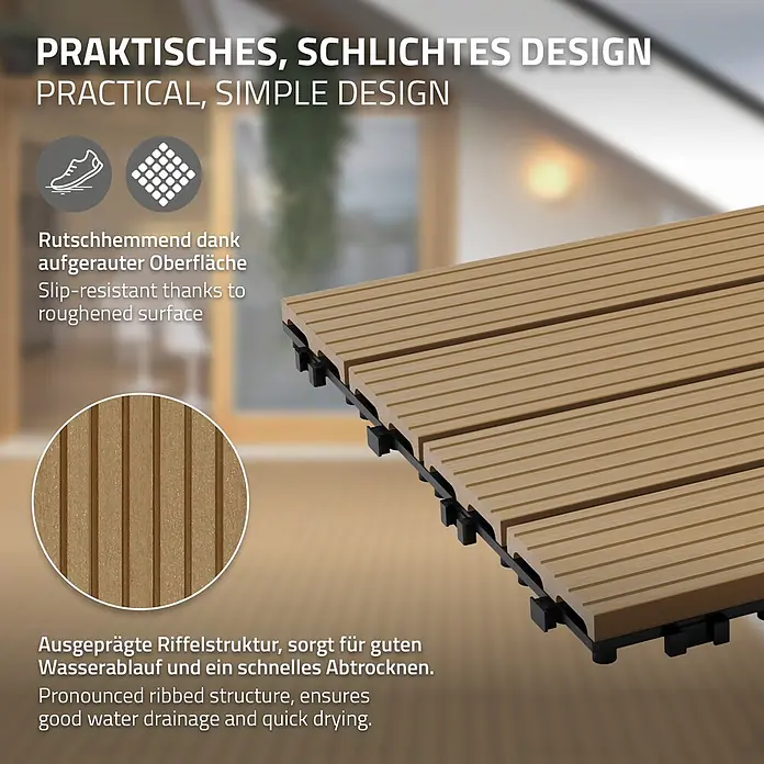 ECD Germany Terrassenfliese Bodenbelag 1m²/6 Stück Teak rutschfest Balkonfliesen - 60 cm x 30 cm x 20 mm, Teak - Hellbraune Verbund-Terrassenfliesen mit geriffelter, rutschfester Oberfläche für den Außenbereich, fördern Entwässerung und schnelles Trocknen.