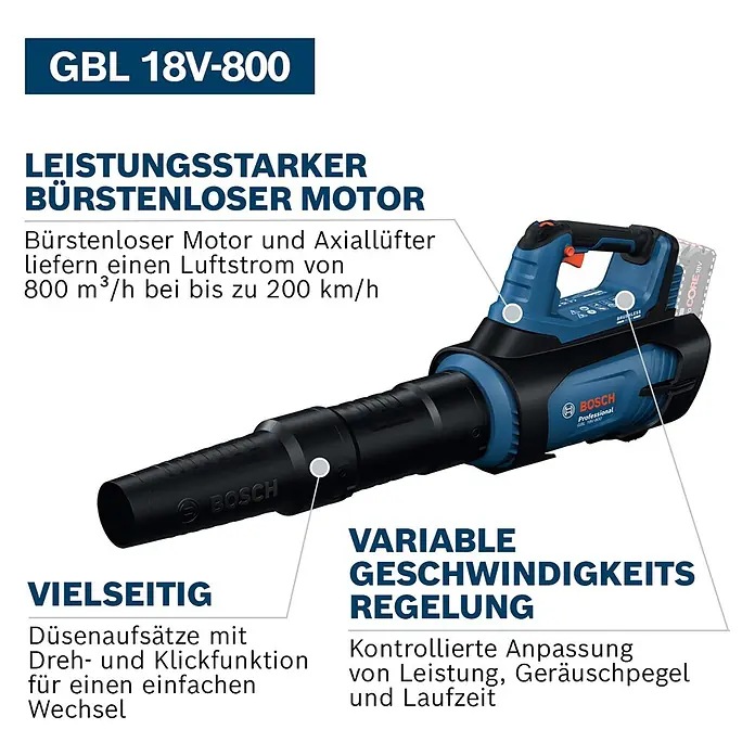 Bosch Professional AMPShare 18V Akku-Laubbläser GBL 18V-800 - 18 V, Ohne Akku, Blasgeschwindigkeit: 200 km/h, Blasleistung: 800 m³/h, Länge: 85,5 cm - Blauer und schwarzer Bosch Akku-Laubbläser GBL 18V-800 mit bürstenlosem Motor und variabler Geschwindigkeitsregelung.