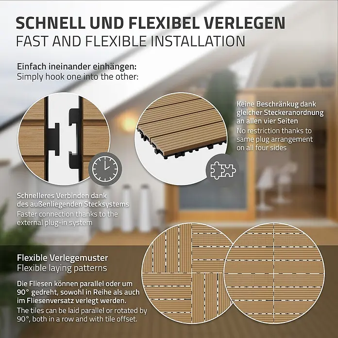 ECD Germany Terrassenfliese Bodenbelag 3m²/18 Stück Teak rutschfest Balkonfliesen - Teak, Matt - Hellbraune Bodenfliesen in Holzoptik, zeigen einfaches Stecksystem und flexible Verlegemuster.