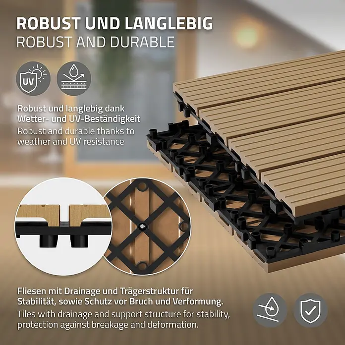ECD Germany Terrassenfliese Bodenbelag 1m²/6 Stück Teak rutschfest Balkonfliesen - 60 cm x 30 cm x 20 mm, Teak - Ineinandergreifende, beige/braune Terrassenfliesen mit gestreifter Oberfläche, schwarzem Stützgitter und Drainage für Stabilität und Wetterbeständigkeit.