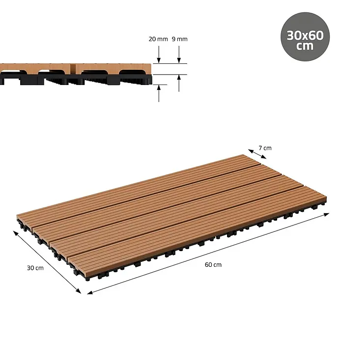 ECD Germany Terrassenfliese Bodenbelag 1m²/6 Stück Hellbraun rutschfest Balkonfliesen - Hellbraun - Braune WPC-Terrassenfliese, 30x60 cm, mit schwarzer Unterkonstruktion für den Außenbereich.
