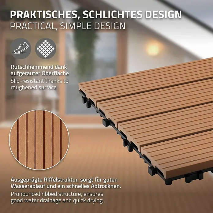 ECD Germany Terrassenfliese Bodenbelag 1m²/6 Stück Hellbraun rutschfest Balkonfliesen - Hellbraun - Braune, holzähnliche Klick-Terrassenfliesen mit geriffelter, rutschfester Oberfläche für gute Wasserableitung und schnelles Trocknen.