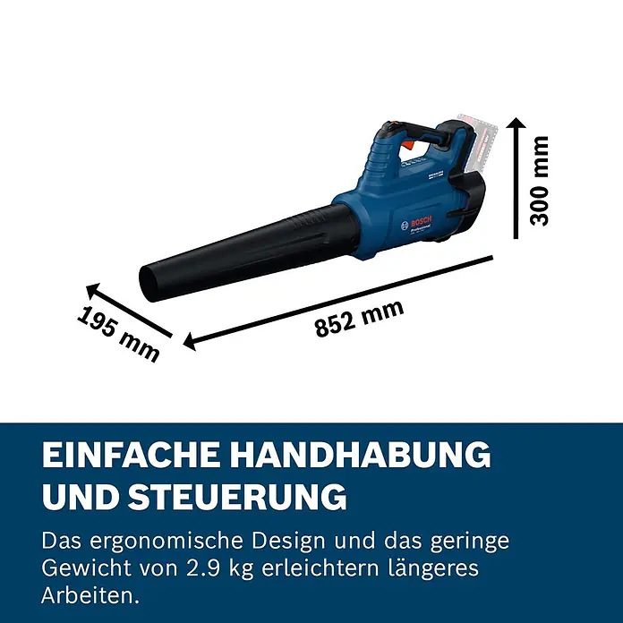 Bosch Professional AMPShare 18V Akku-Gebläse GBL 18V-750 - 18 V, Ohne Akku, Blasgeschwindigkeit: 198 km/h - Blauer und schwarzer Bosch Professional Akku-Laubbläser, 852x195x300mm, 2.9 kg, ergonomisches Design.