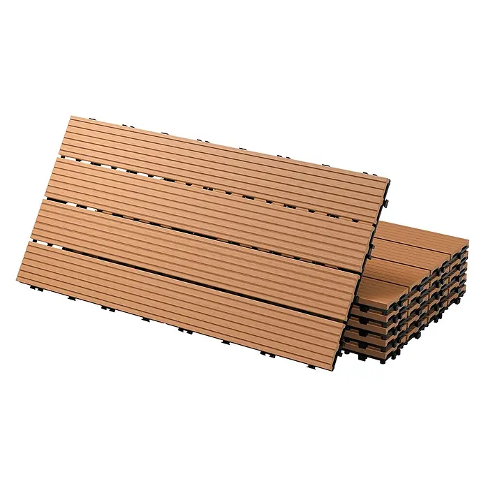 ECD Germany Terrassenfliese Bodenbelag 1m²/6 Stück Hellbraun rutschfest Balkonfliesen - Hellbraun - Braune Holzoptik-Verbund-Terrassenfliesen mit schwarzem Unterbau, zwei ausgelegt, ein Stapel dahinter.