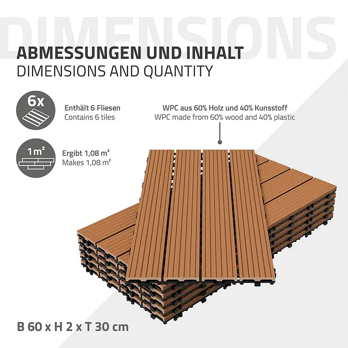 ECD Germany Terrassenfliese Bodenbelag 2m²/12 Stück Hellbraun rutschfest Balkonfliesen - Hellbraun - Gestapelte braune WPC-Terrassenfliesen aus Holz-Kunststoff-Verbundstoff, im 6er-Pack für 1,08 m².