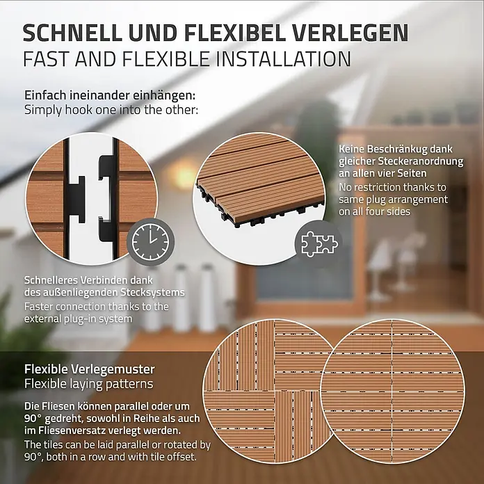 ECD Germany Terrassenfliese Bodenbelag 2m²/12 Stück Hellbraun rutschfest Balkonfliesen - Hellbraun - Braune Verbund-Terrassenfliesen mit einfachem externen Stecksystem für flexible Verlegung und vielfältige Muster.