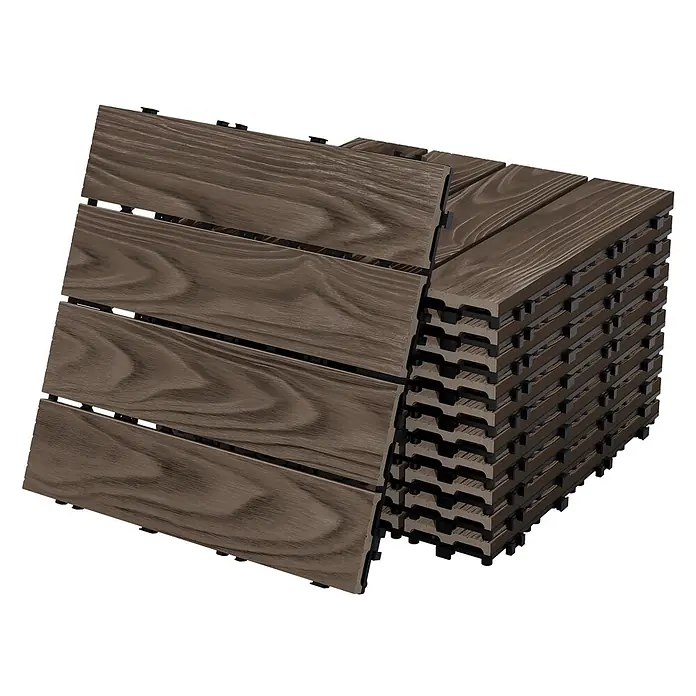 ML-Design Terrassenfliese Bodenbelag 4m²/44 Stück Dunkelbraun rutschfest Balkonfliesen - 30 cm x 30 cm x 20 mm, Dunkelbraun - Gestapelte dunkelbraune WPC-Terrassenfliesen mit Holzmaserung, die ihr Stecksystem zeigen.