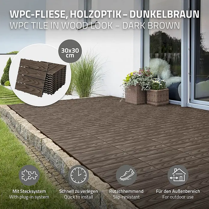 ML-Design Terrassenfliese Bodenbelag 4m²/44 Stück Dunkelbraun rutschfest Balkonfliesen - 30 cm x 30 cm x 20 mm, Dunkelbraun - Dunkelbraune WPC-Fliesen in Holzoptik auf einer Außenterrasse verlegt, mit einem Stapel 30x30 cm Fliesen.