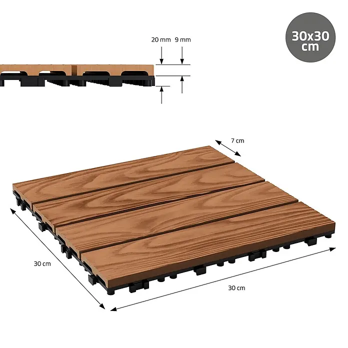 ML-Design Terrassenfliese Bodenbelag 5m²/55 Stück Hellbraun rutschfest Balkonfliesen - 30 cm x 30 cm x 20 mm, Hellbraun - Braune Holz-Terrassenplatte mit schwarzer Kunststoff-Klickbasis, 30x30 cm, Gesamthöhe 2,9 cm.