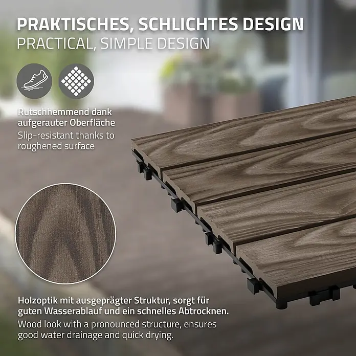 ML-Design Terrassenfliese Bodenbelag 4m²/44 Stück Dunkelbraun rutschfest Balkonfliesen - 30 cm x 30 cm x 20 mm, Dunkelbraun - Dunkelbraune WPC-Terrassenfliesen mit Holzoptik und strukturierter Oberfläche, im Außenbereich verlegt. Sie sind rutschfest und wasserdurchlässig.