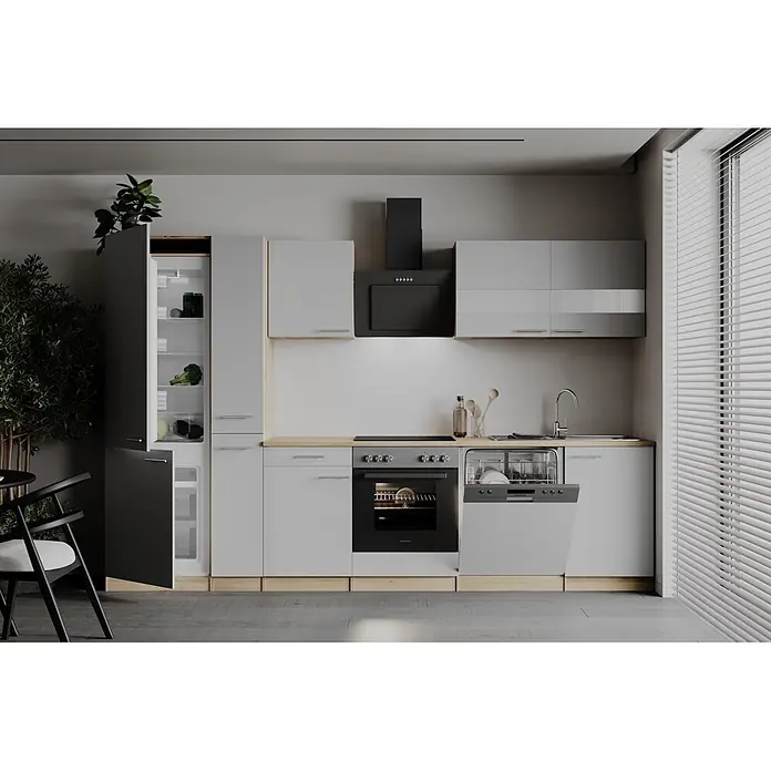 Respekta Küchenzeile Merle - Breite: 310 cm, Weiß, Mit Elektrogeräten - Moderne hellgraue Küche mit Holztheke, integriertem schwarzem Backofen, Geschirrspüler und Kühlschrank.