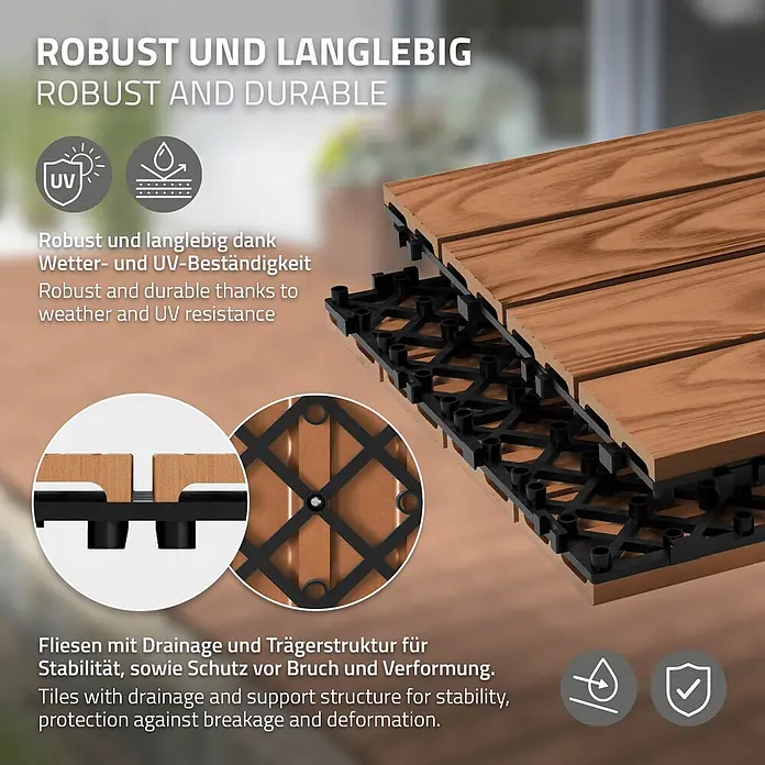 ML-Design Terrassenfliese Bodenbelag 5m²/55 Stück Hellbraun rutschfest Balkonfliesen - 30 cm x 30 cm x 20 mm, Hellbraun - Braune Terrassenfliesen in Holzoptik mit schwarzer, ineinandergreifender Kunststoff-Drainage- und Trägerstruktur, gestapelt gezeigt.