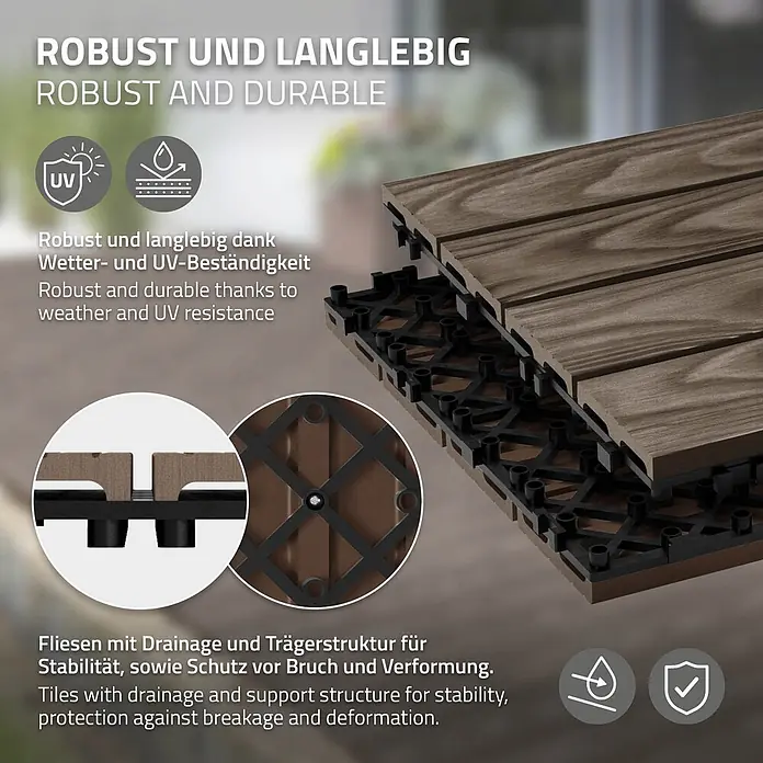 ML-Design Terrassenfliese Bodenbelag 4m²/44 Stück Dunkelbraun rutschfest Balkonfliesen - 30 cm x 30 cm x 20 mm, Dunkelbraun - Nahaufnahme brauner WPC-Terrassenfliesen mit Holzmaserung und schwarzem Drainage-Trägerrost für Stabilität und Haltbarkeit.