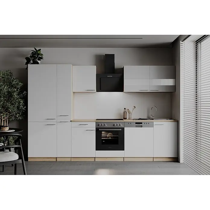 Respekta Küchenzeile Merle - Breite: 310 cm, Weiß, Mit Elektrogeräten - Moderne Küche mit hellgrauen/weißen Schränken, Holz-Arbeitsplatte, schwarzem Ofen, Kochfeld, Dunstabzug, integriertem Geschirrspüler und Spüle.